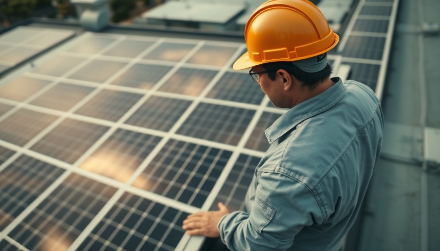 Aerial view of rooftop solar panels with worker inspecting.