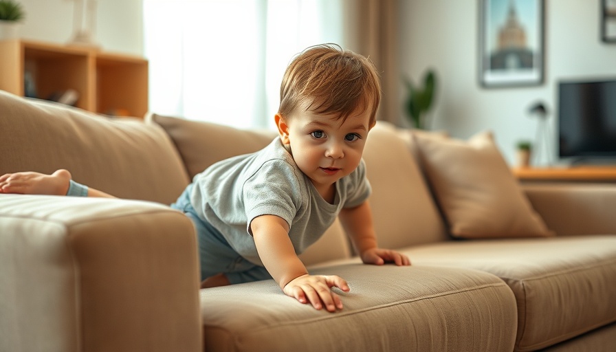 Curious toddler climbing a sofa in a cozy apartment for baby-proofing tips.