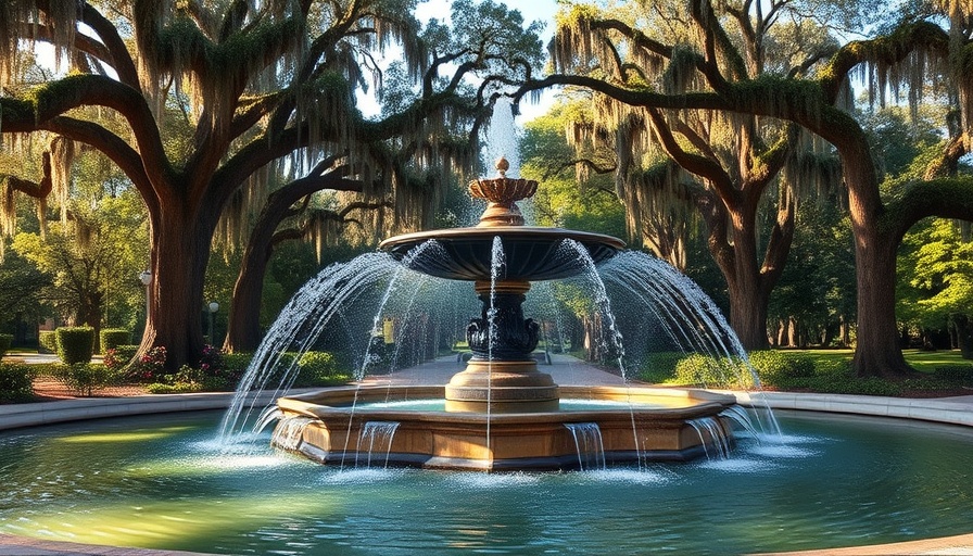 Iconic Forsyth Park fountain surrounded by moss-covered trees in Savannah GA.