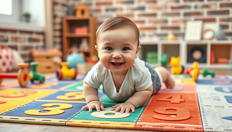 Cheerful baby crawling on colorful play mats, safe playroom environment.