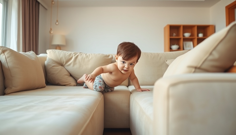 Curious toddler exploring apartment, climbing couch, baby-proofing focus.
