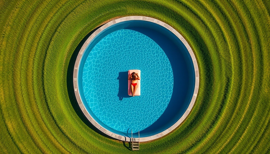 Aerial view of a round above ground pool on green grass.