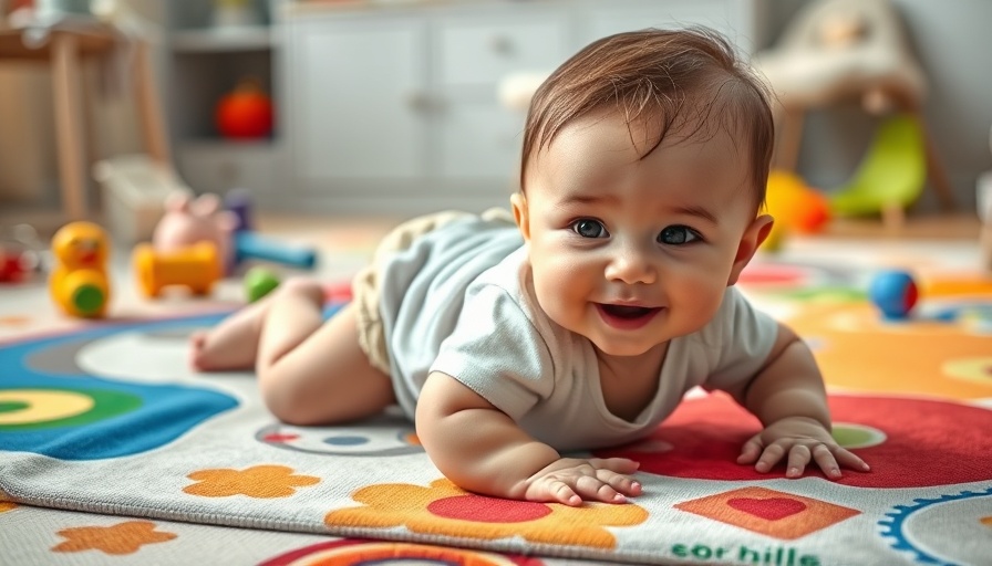 Adorable baby exploring a colorful playmat in a baby-proofed room.