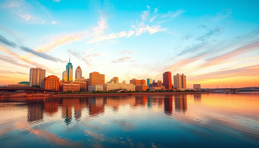 Little Rock skyline at sunset reflecting in river