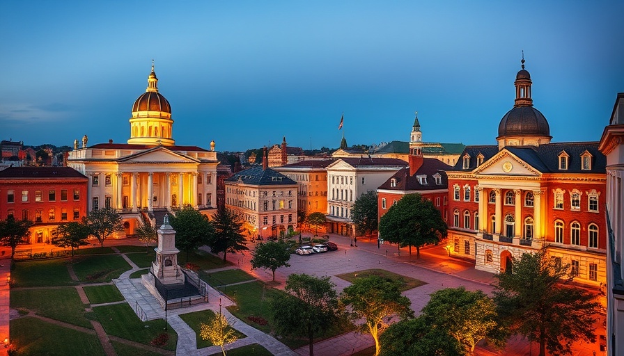 Vibrant view of Worcester's cityscape during summer evening, showcasing historical buildings.