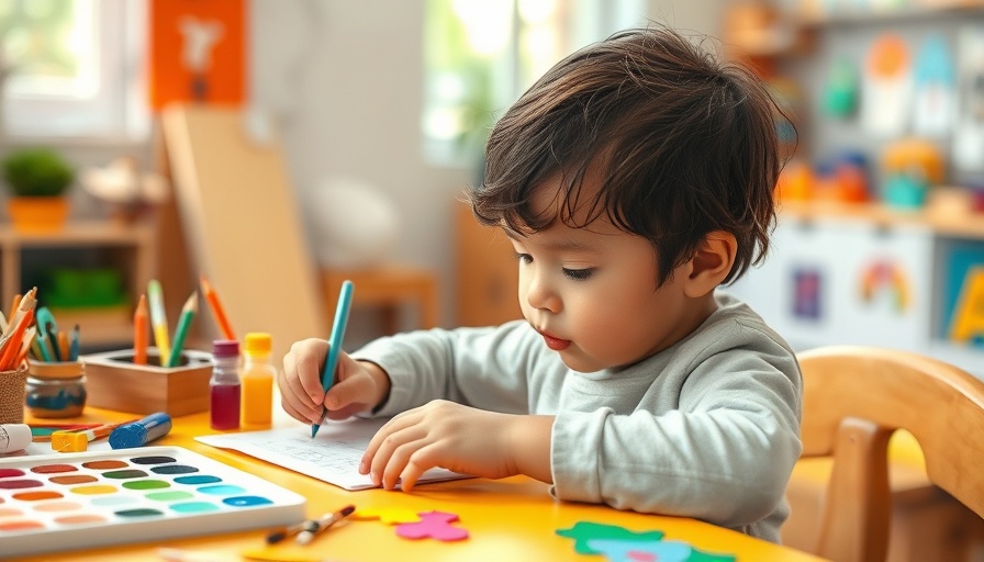 Child learning with art supplies and toys, affordable childcare.