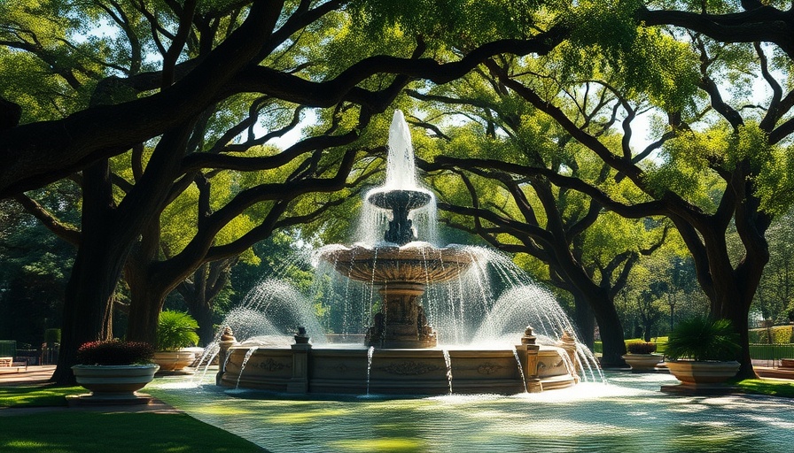 Fountain in Savannah GA park with sunlight filtering through trees.