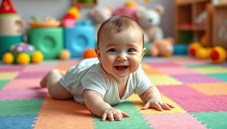Baby smiling and crawling on colorful playmat, focus on baby-proofing your home.