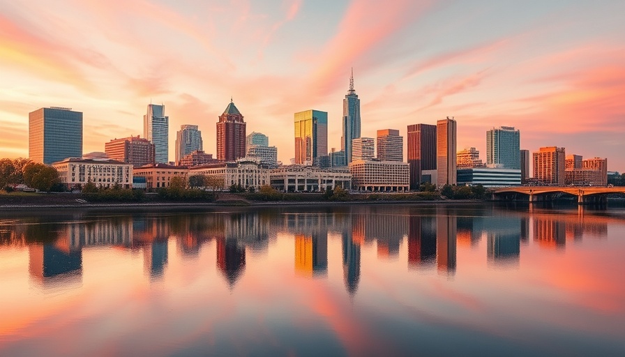 Vibrant Little Rock cityscape reflecting on river at sunrise, illustrating pros and cons of living in Arkansas.