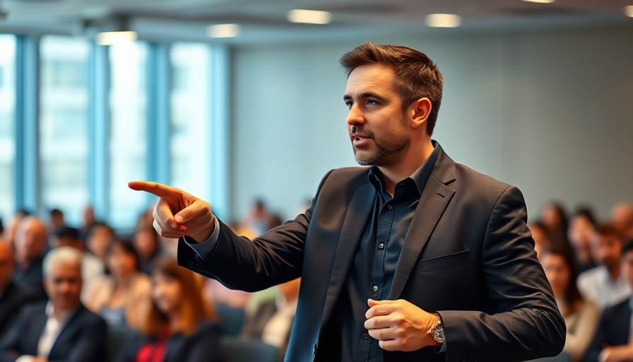 Confident speaker mid-gesture in a business presentation.