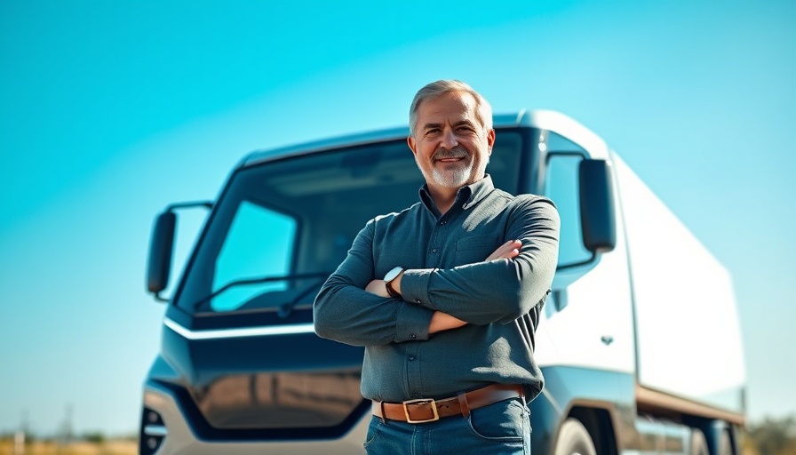 Confident man in front of futuristic truck symbolizing electric trucking startup transitions.