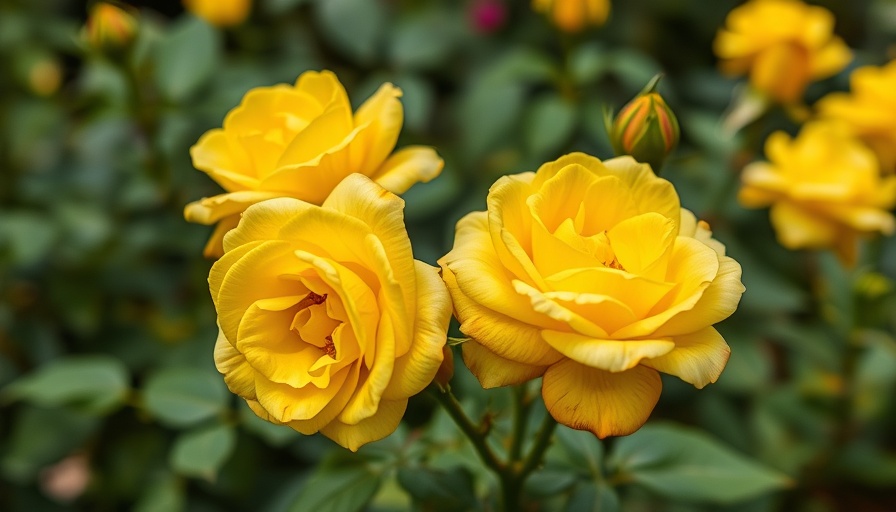 Vibrant yellow roses showing iron deficiency in a garden.