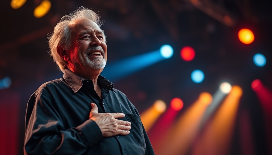 Elderly man performing on stage at a live concert.