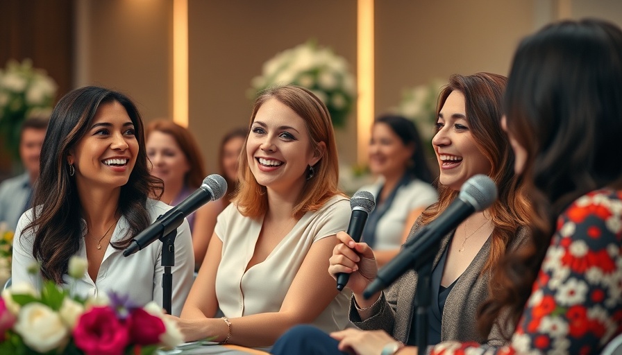 Smiling women on stage discussing workplace dynamics.
