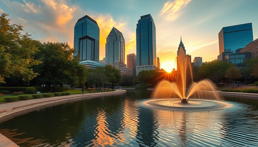 Downtown park in Indianapolis at sunset with skyline and fountain.