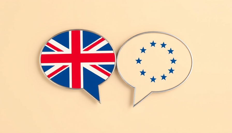 UK and EU flags in speech bubbles symbolizing Britain negotiating with Europe.