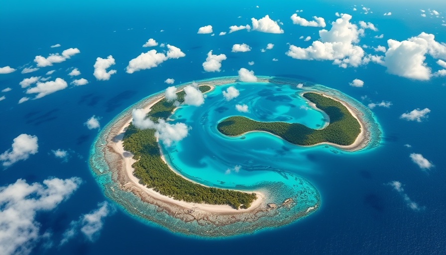 Aerial view of Chagos Islands with turquoise waters and clouds.