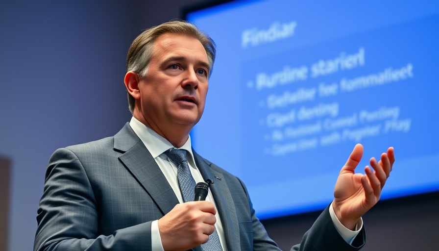 Amazon AI spending conference speaker with blue backdrop.