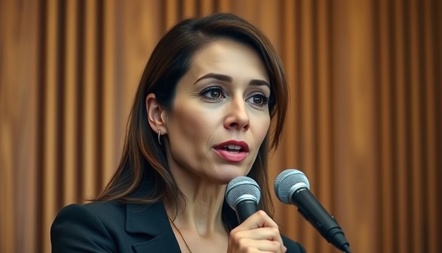 Confident woman speaks at microphone, pretrial detention Kristi Noem purse theft context.