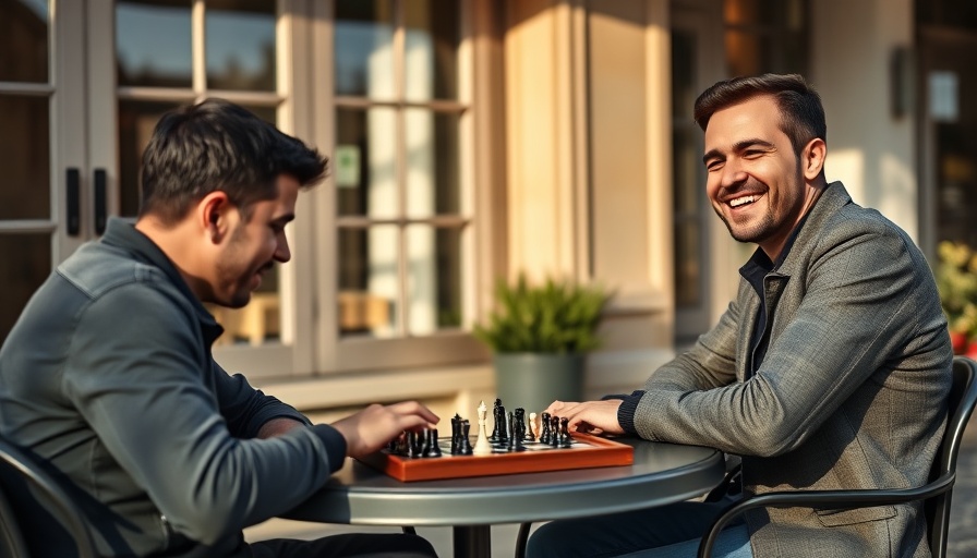 Casual chess game scene outdoors, automate tax preparation.