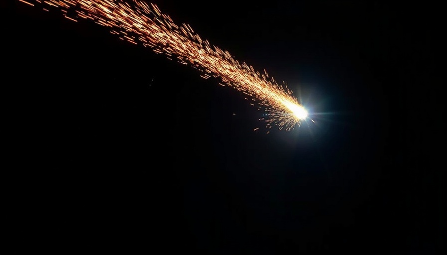 Bright missile interception with sparks trailing in night sky.