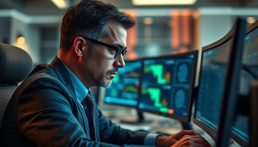 Businessman analyzing data at a desk with multiple monitors related to Japan Manufacturing PMI.