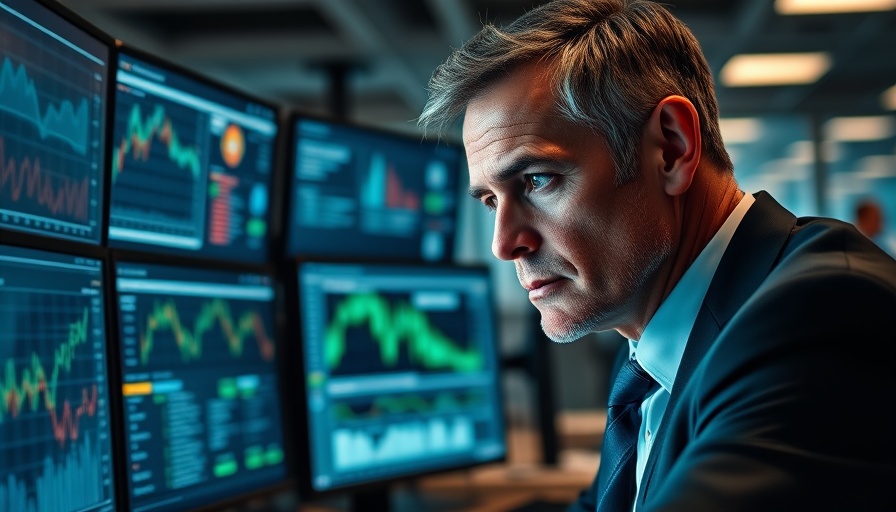 Businessman analyzing data on monitors, relating to Singapore GDP growth 2025.