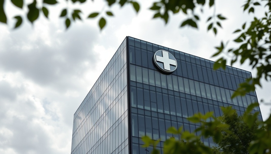 Modern building with healthcare logo under cloudy sky.