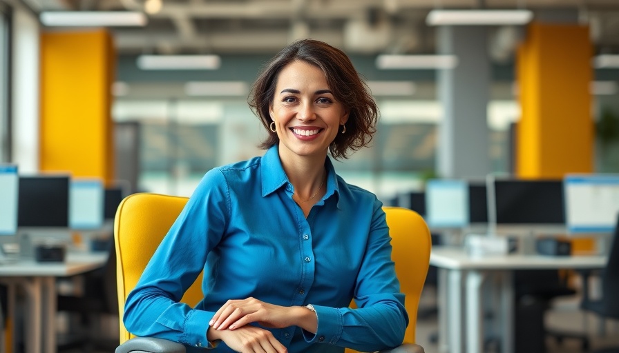 Confident woman seated in yellow chair in busy office