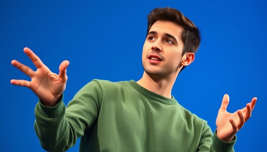 Young man discussing technology trends, vibrant photo