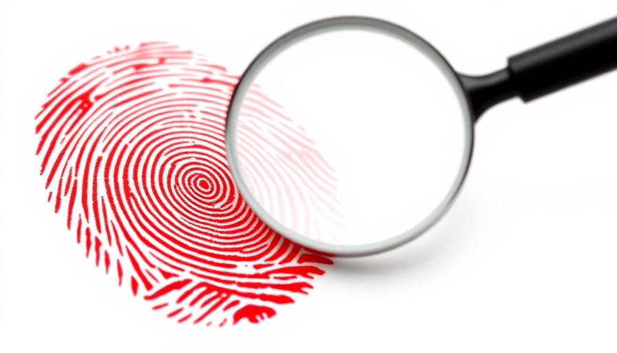 Red fingerprint with magnifying glass highlighting detail, watch out for email scams.