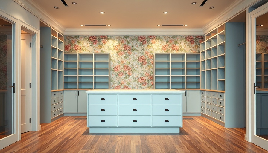 Closet island design plan showing a modern renovation with light blue shelving and floral wallpaper.