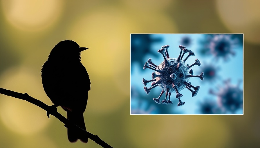 Bird flu awareness: silhouetted bird with virus.