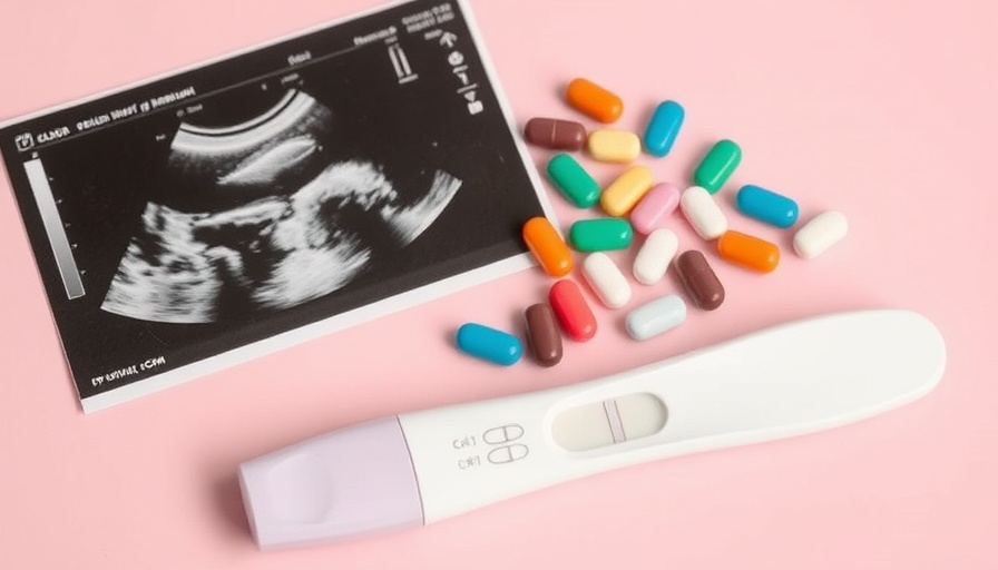 Pills and pregnancy test on pink background with ultrasound, related to infertility.
