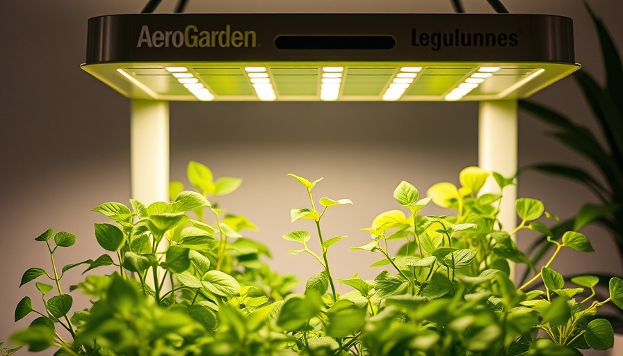 AeroGarden indoor gardening system with plants under LED lights.