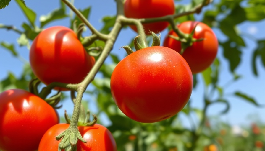 Close-up of red tomatoes on plant under bright sunlight.