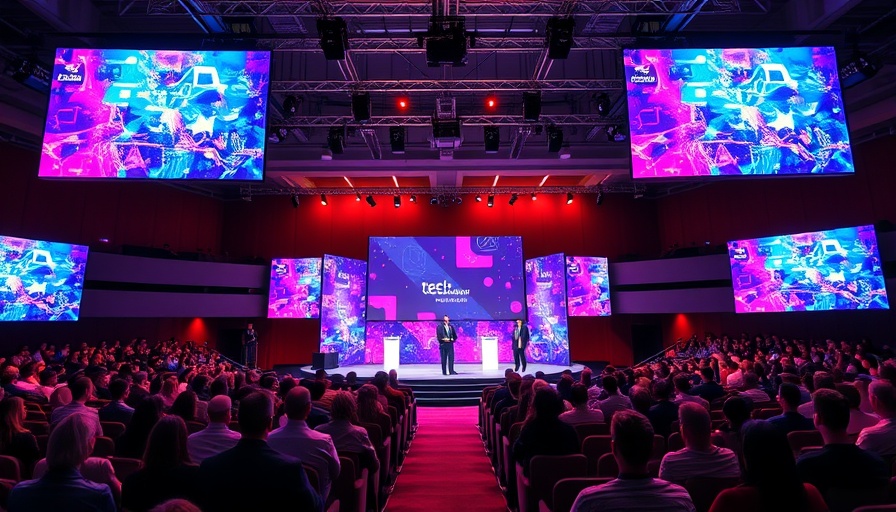 Vibrant tech conference stage highlighting TechCrunch Disrupt 2025 ticket savings.