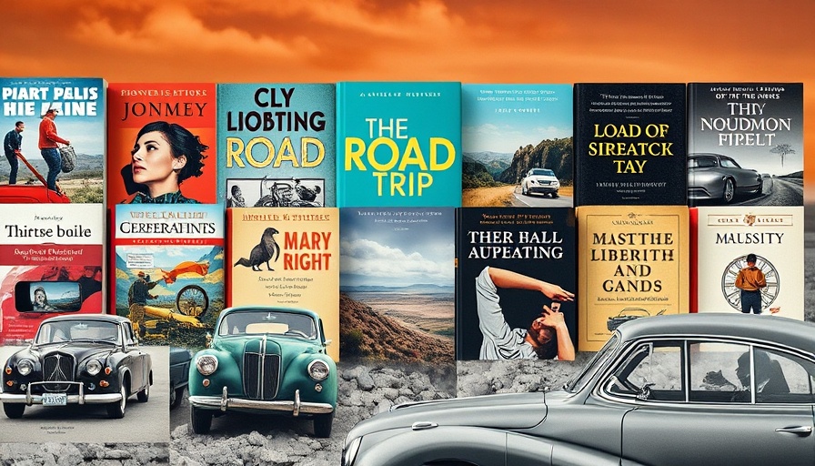 Collage of classic road trip books and vintage cars