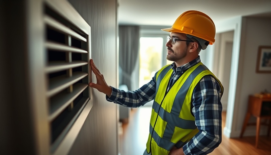 Inspector assessing air vent in modern home interior.