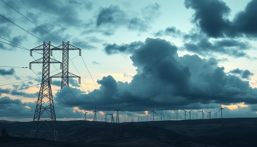 Spanish power grid and wind turbines under dramatic sky during dusk.