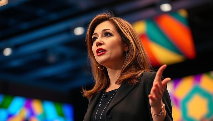 Confident female speaker presenting, AI optimism in the workforce backdrop