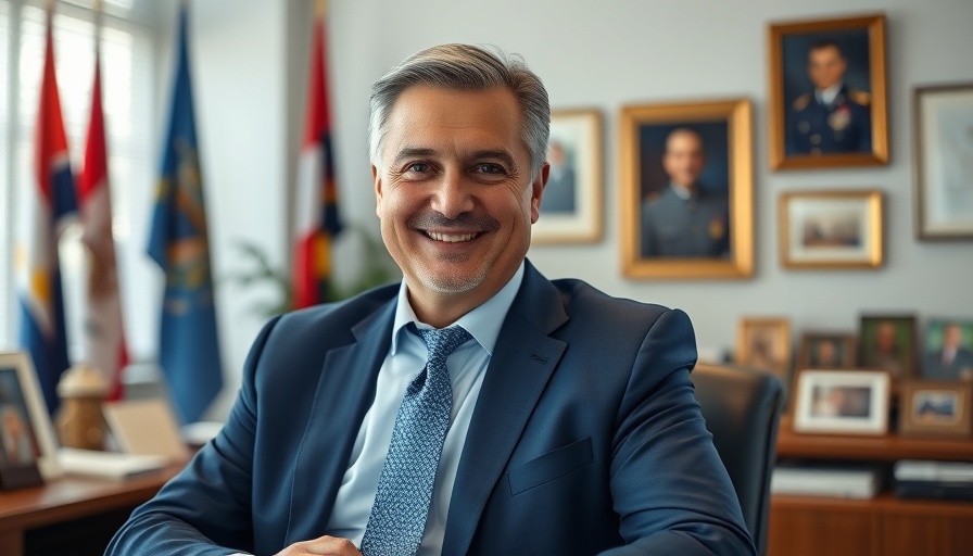 Confident man in blue suit at desk in office with flags.