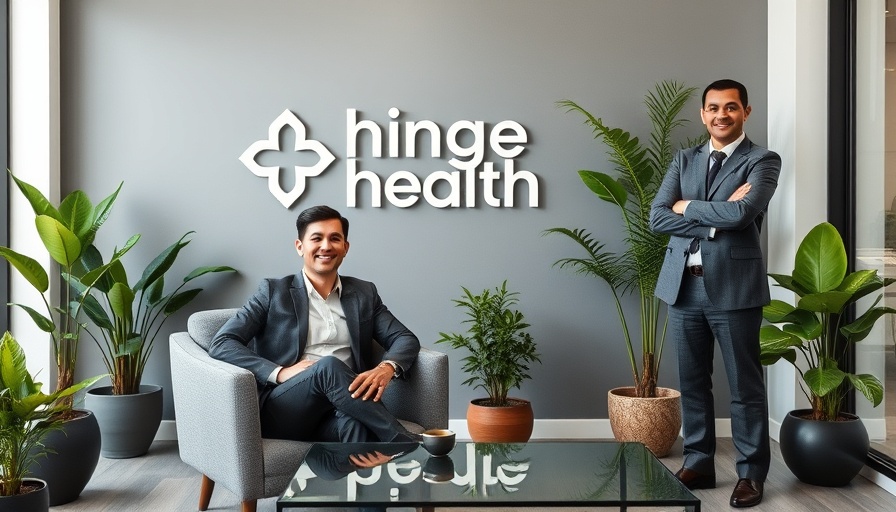 Two men in office near Hinge Health logo, showing corporate setting.