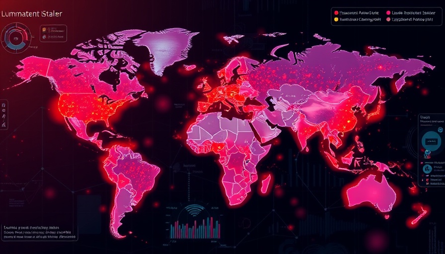 Heat map of Lumma password stealer malware spread showing global infections.
