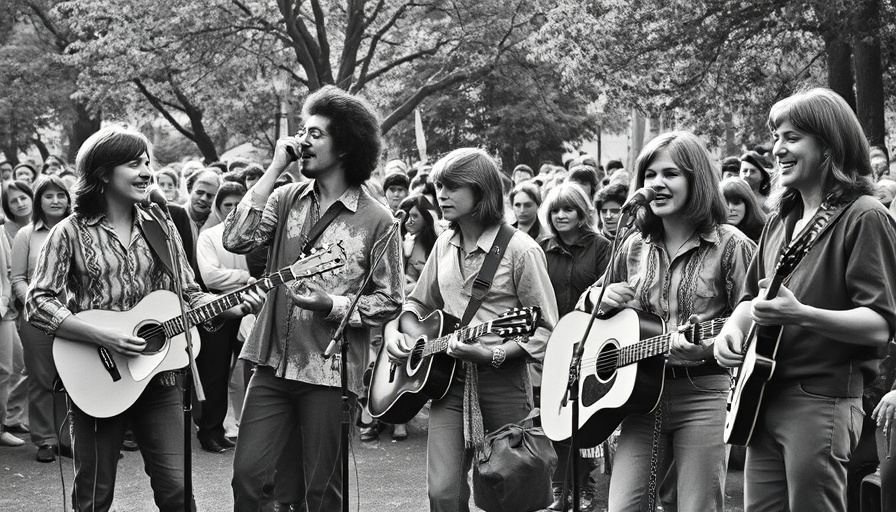 Hippie Movement Summer of Love band performing outdoors, vintage style.