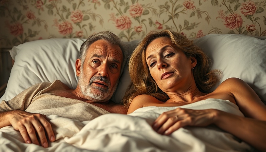 The Cake Theater Review scene with thoughtful couple in bed, floral background.