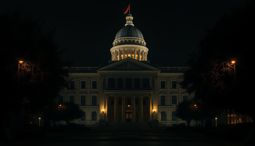 Dimly lit government building at night representing US Copyright Office lawsuit.
