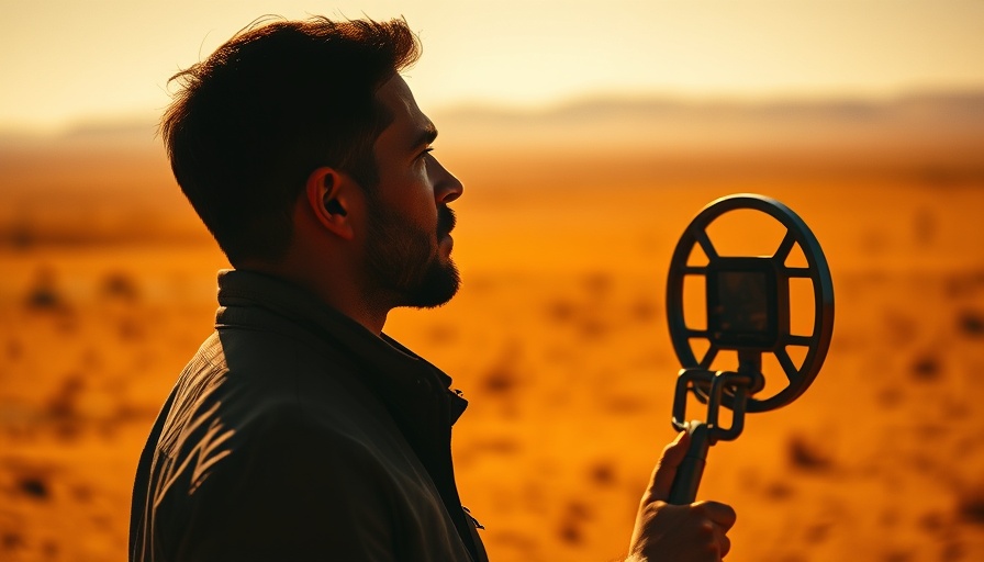 Man searching for treasure with metal detector in desert landscape