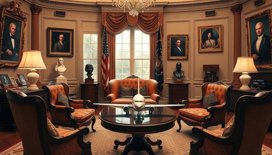 Luxurious presidential office with vintage chairs and airplane model. Trump's slapdown diplomacy and Silicon Valley startups theme.