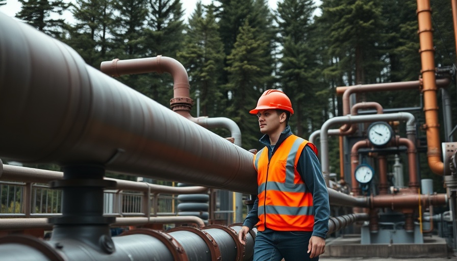 Industrial pipeline with worker at Nord Stream site, forest background.